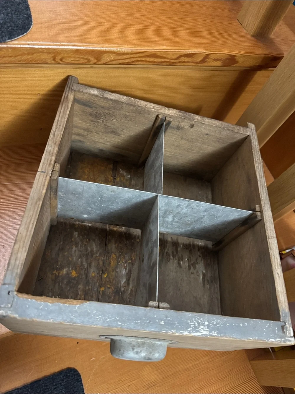 Antique Rustic Wooden Drawer with Metal Divider & pull for display repurpose